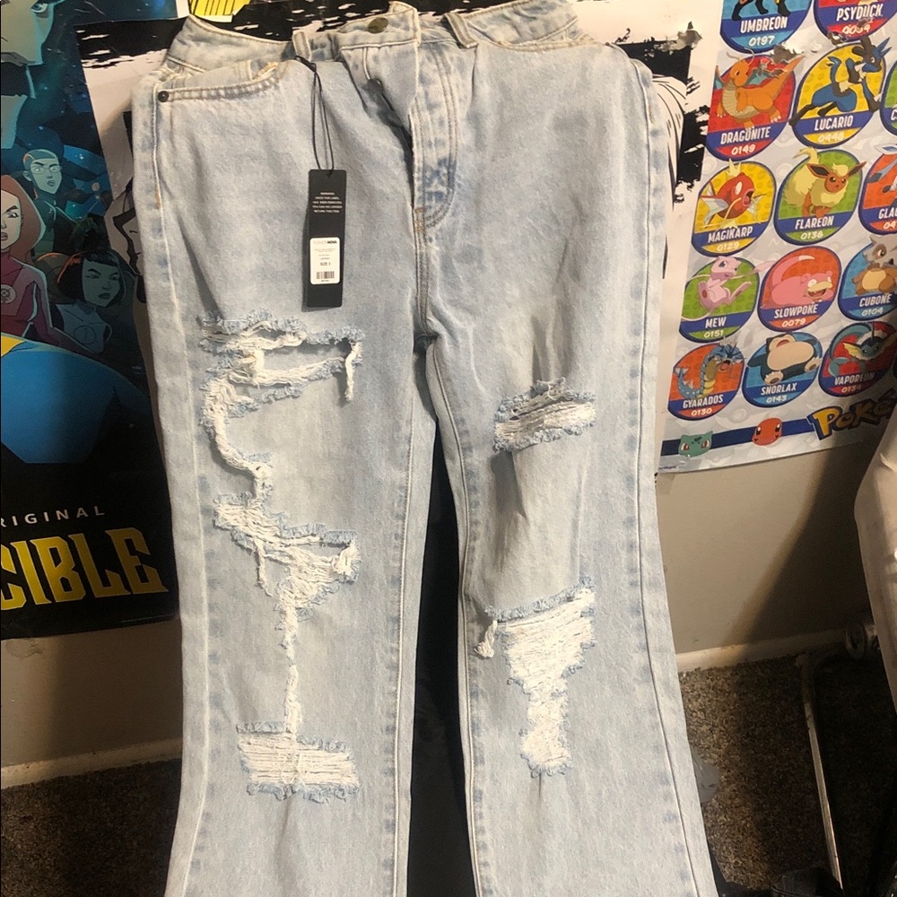 Fashion Nova Light Blue Ripped Straight Leg Jeans